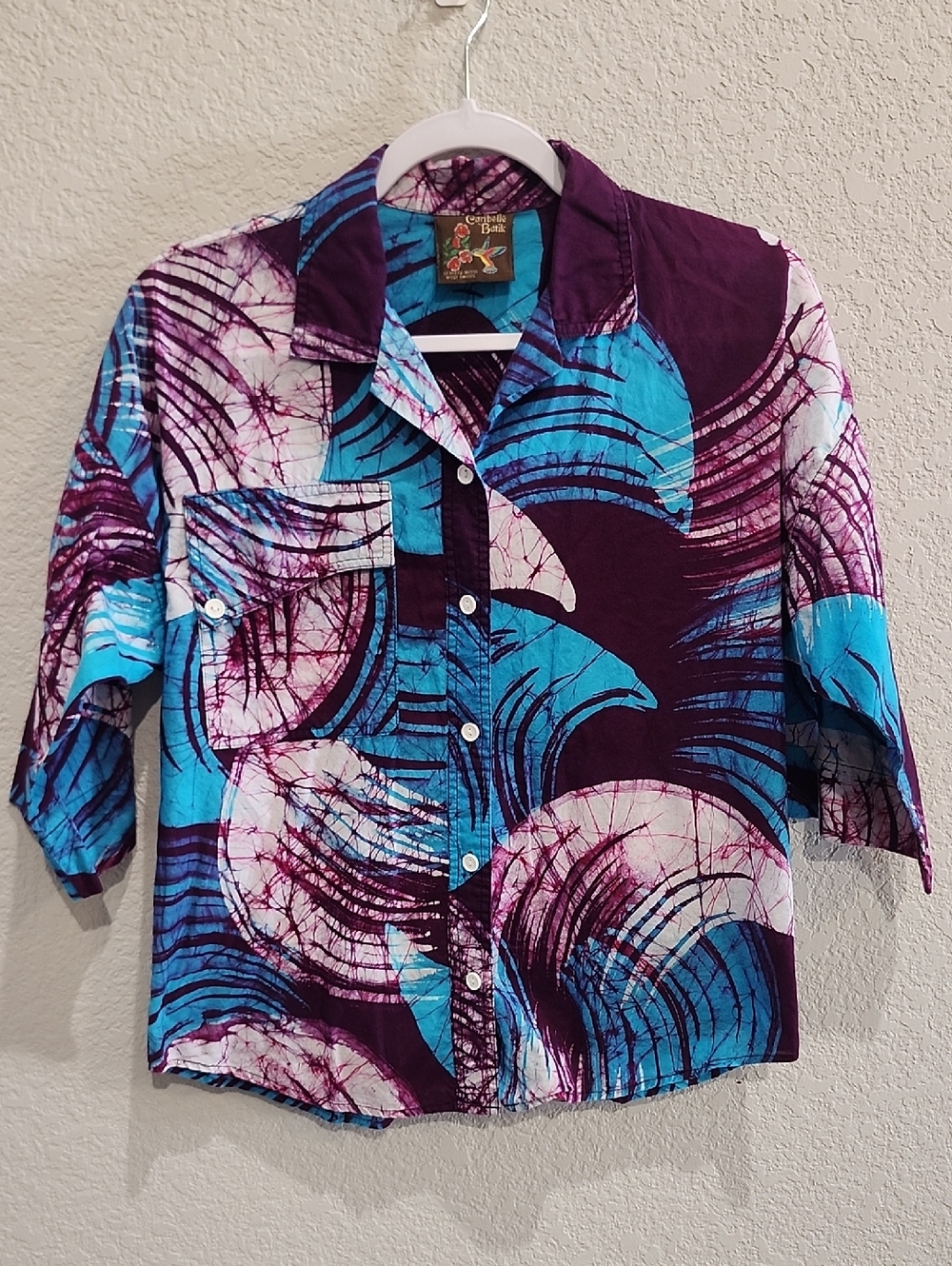 Caribelle Batik Resort Vacation Button Down Purple Blue Casual Artistic Print M